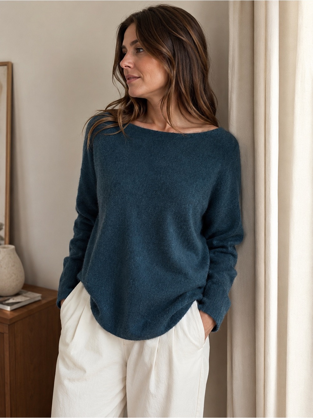 14th&Union Teal Boatneck Cashmere Shirt-Tail Hem Sweater- Size Medium
